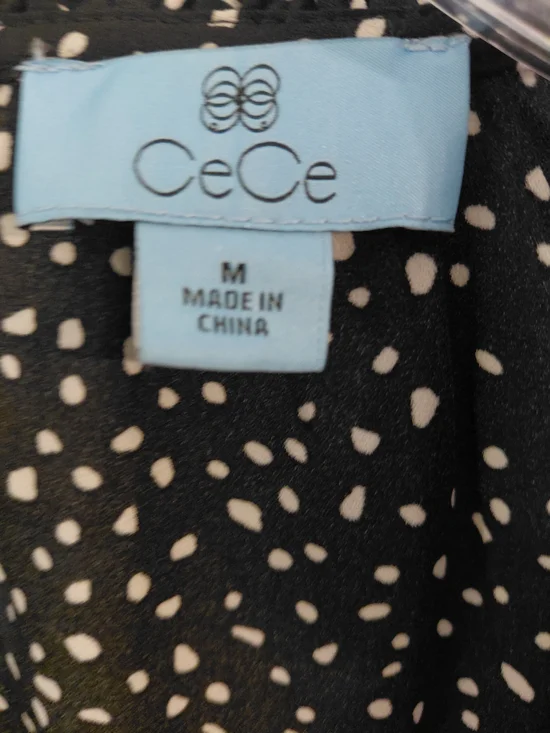 CeCe Black White Speckled Print Blouse Medium NWT Tie Neck Sheer Long Sleeve - Picture 3 of 10